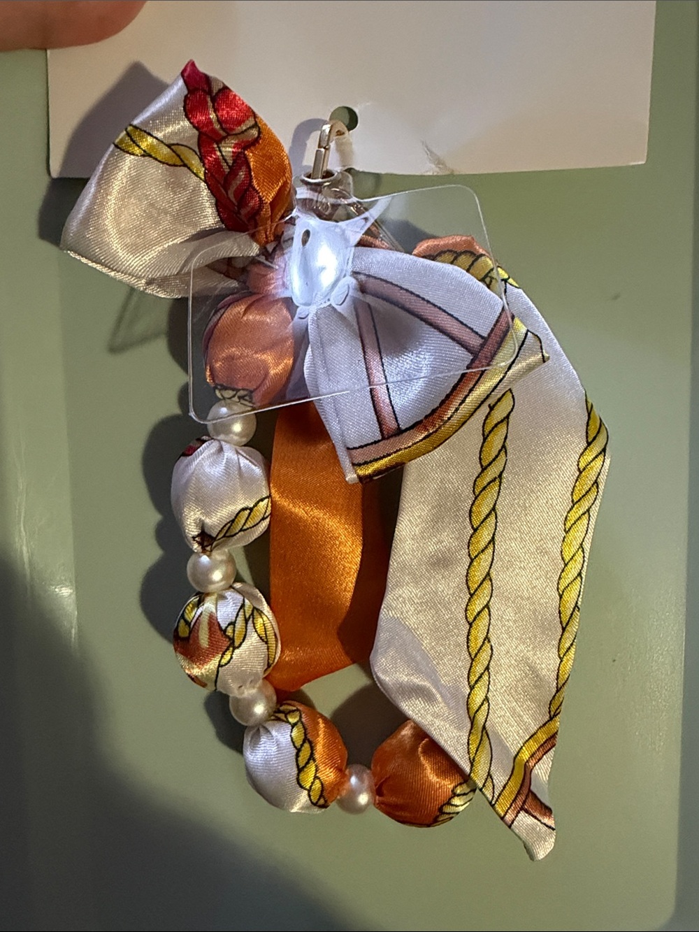 Silk Scarf Knot Bag/Phone/Key in Orange, White and Gold